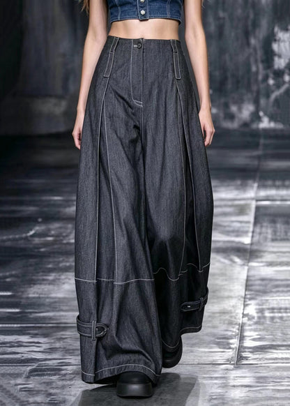 Casual Black Multi-Way Buttons Oversized Contrast Stitching Wide Leg Pants Fall