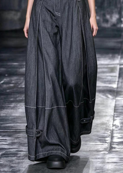 Casual Black Multi-Way Buttons Oversized Contrast Stitching Wide Leg Pants Fall