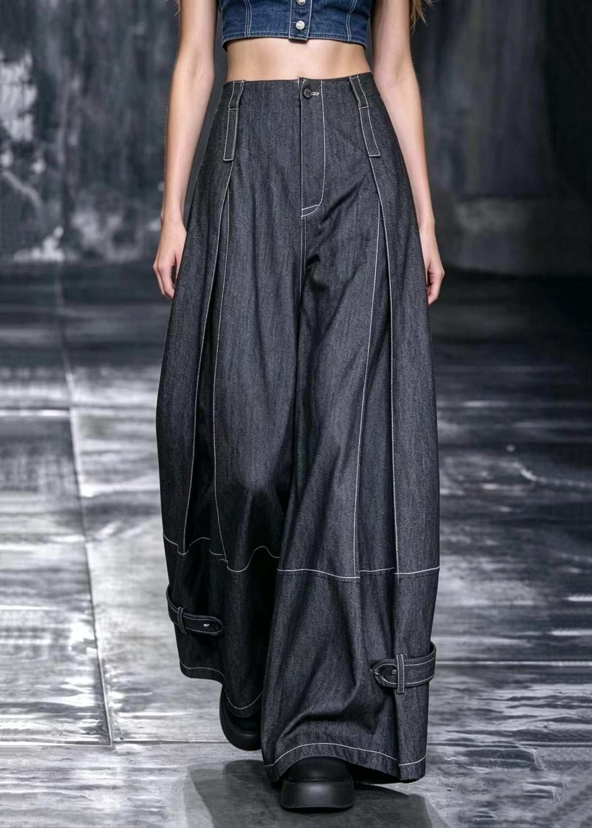 Casual Black Multi-Way Buttons Oversized Contrast Stitching Wide Leg Pants Fall