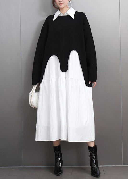 Casual Black O-Neck Asymmetrical Cotton Knitted Sweaters Fall