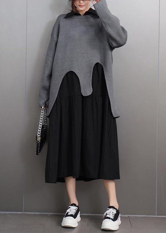 Casual Black O-Neck Asymmetrical Cotton Knitted Sweaters Fall