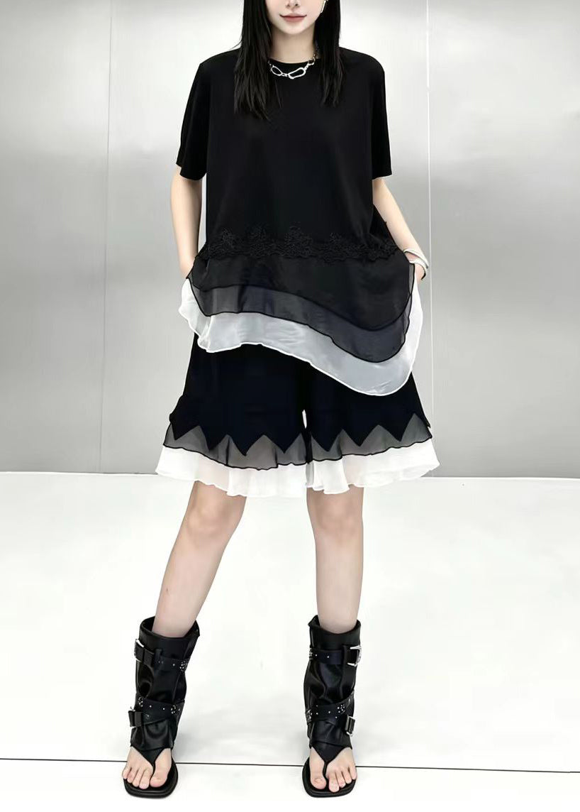 Casual Black O-Neck Asymmetrical Patchwork Top And Wide Leg shorts Two Piece Suit Set Summer