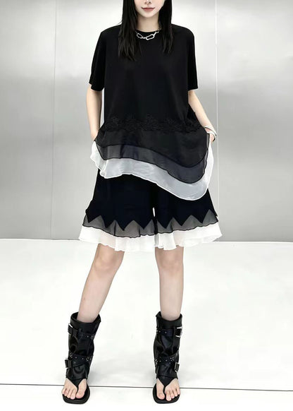 Casual Black O-Neck Asymmetrical Patchwork Top And Wide Leg shorts Two Piece Suit Set Summer