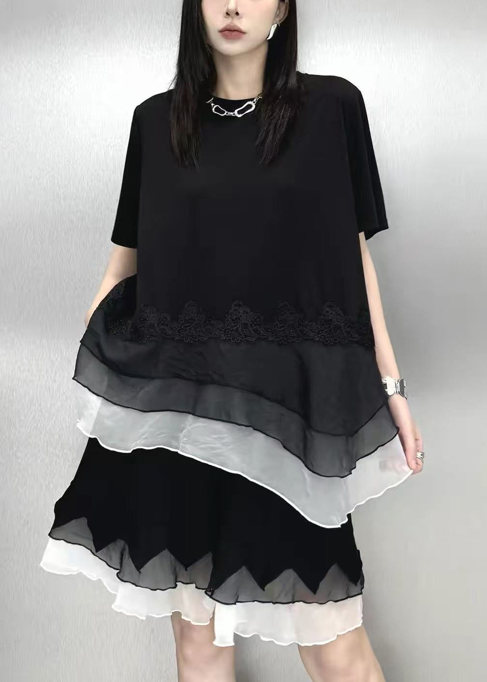 Casual Black O-Neck Asymmetrical Patchwork Top And Wide Leg shorts Two Piece Suit Set Summer