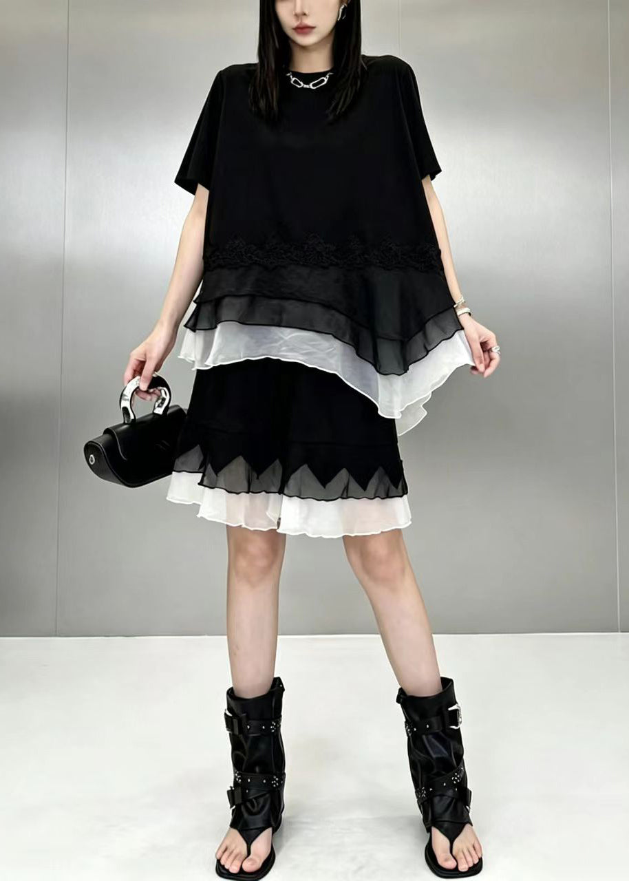Casual Black O-Neck Asymmetrical Patchwork Top And Wide Leg shorts Two Piece Suit Set Summer