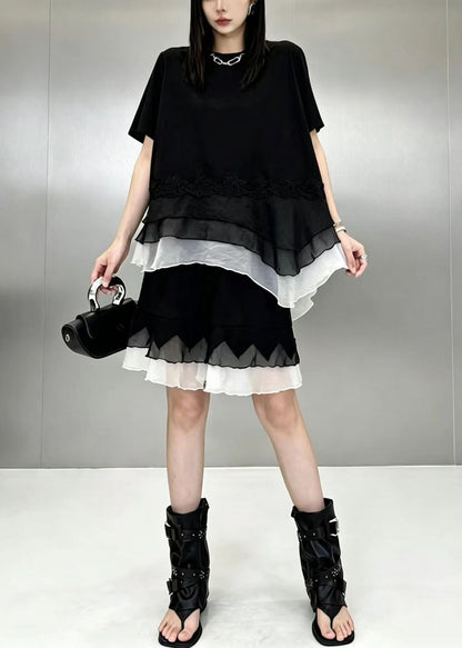 Casual Black O-Neck Asymmetrical Patchwork Top And Wide Leg shorts Two Piece Suit Set Summer