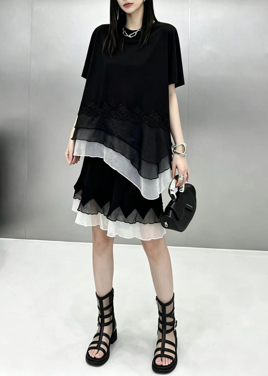 Casual Black O-Neck Asymmetrical Patchwork Top And Wide Leg shorts Two Piece Suit Set Summer