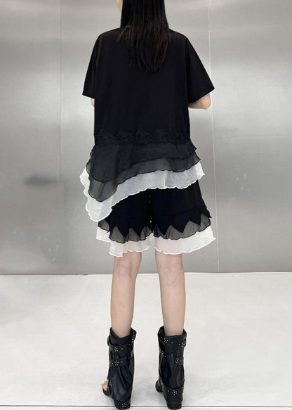 Casual Black O-Neck Asymmetrical Patchwork Top And Wide Leg shorts Two Piece Suit Set Summer
