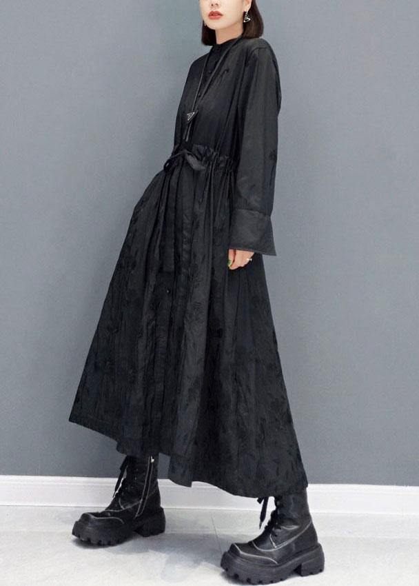 Casual Black O-Neck Button Maxi Dresses Fall Long Sleeve - SooLinen