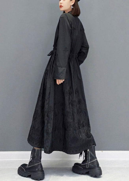 Casual Black O-Neck Button Maxi Dresses Fall Long Sleeve - SooLinen