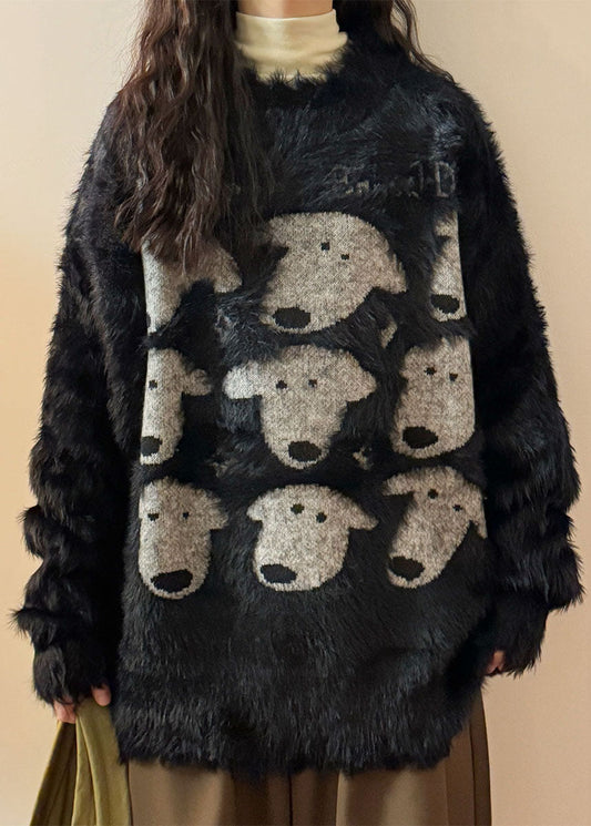 Casual Black O Neck Dog Head Cozy Mink Velvet Sweater