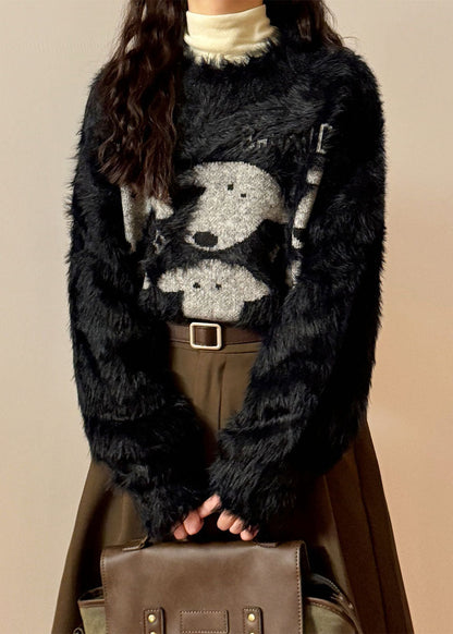 Casual Black O Neck Dog Head Cozy Mink Velvet Sweater