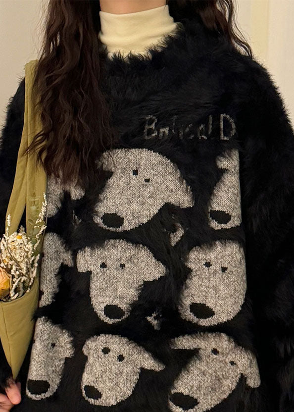 Casual Black O Neck Dog Head Cozy Mink Velvet Sweater