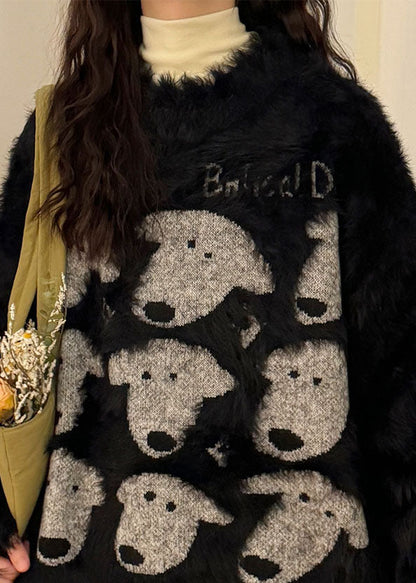 Casual Black O Neck Dog Head Cozy Mink Velvet Sweater