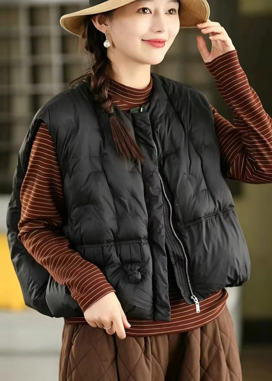 Casual Black O-Neck Frog Button Cotton Filled Waistcoat Sleeveless