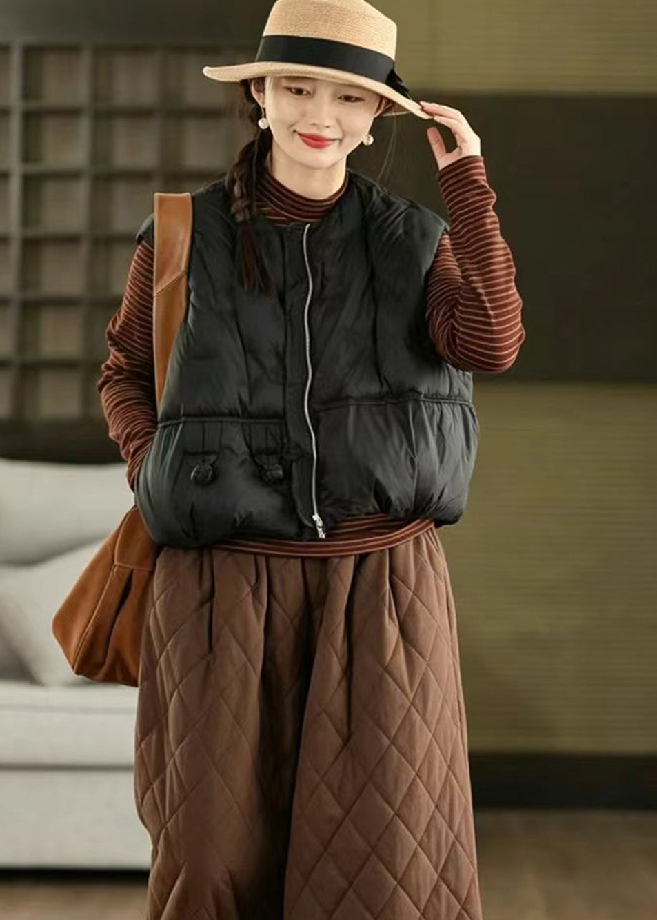 Casual Black O-Neck Frog Button Cotton Filled Waistcoat Sleeveless