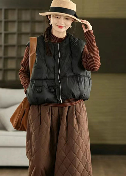 Casual Black O-Neck Frog Button Cotton Filled Waistcoat Sleeveless