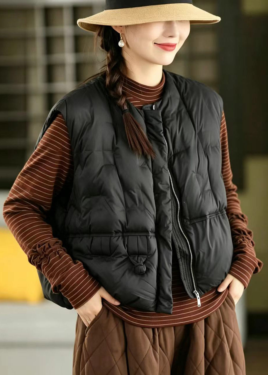 Casual Black O-Neck Frog Button Cotton Filled Waistcoat Sleeveless