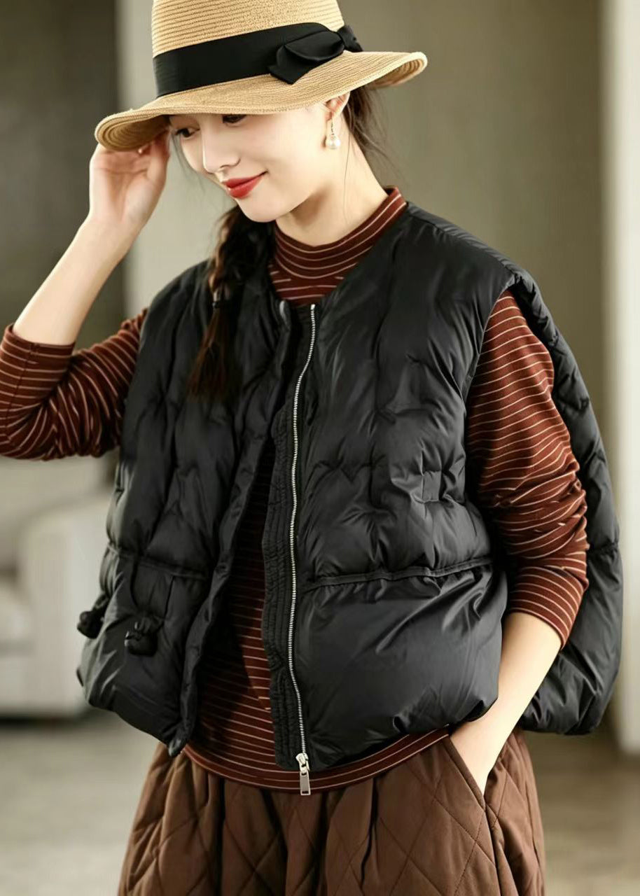Casual Black O-Neck Frog Button Cotton Filled Waistcoat Sleeveless