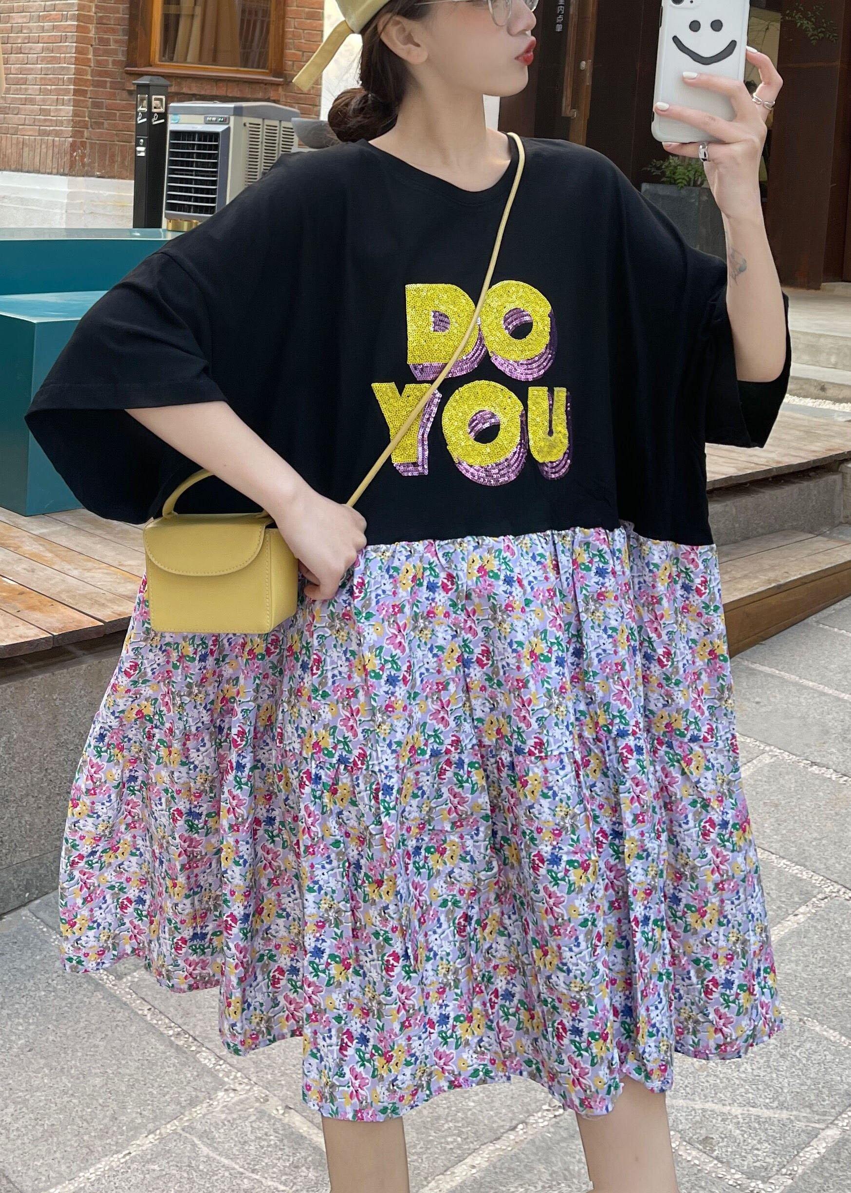 Casual Black O-Neck Patchwork Summer Half Sleeve Dresses - SooLinen