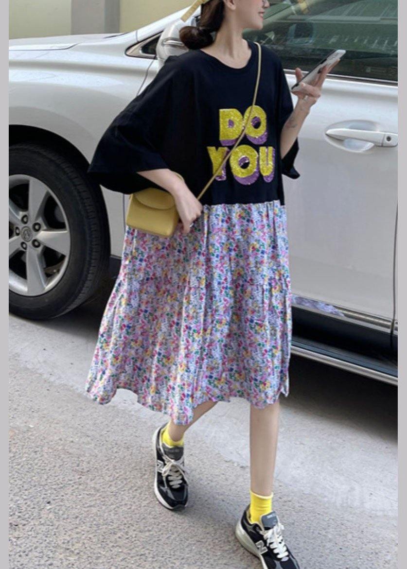 Casual Black O-Neck Patchwork Summer Half Sleeve Dresses - SooLinen