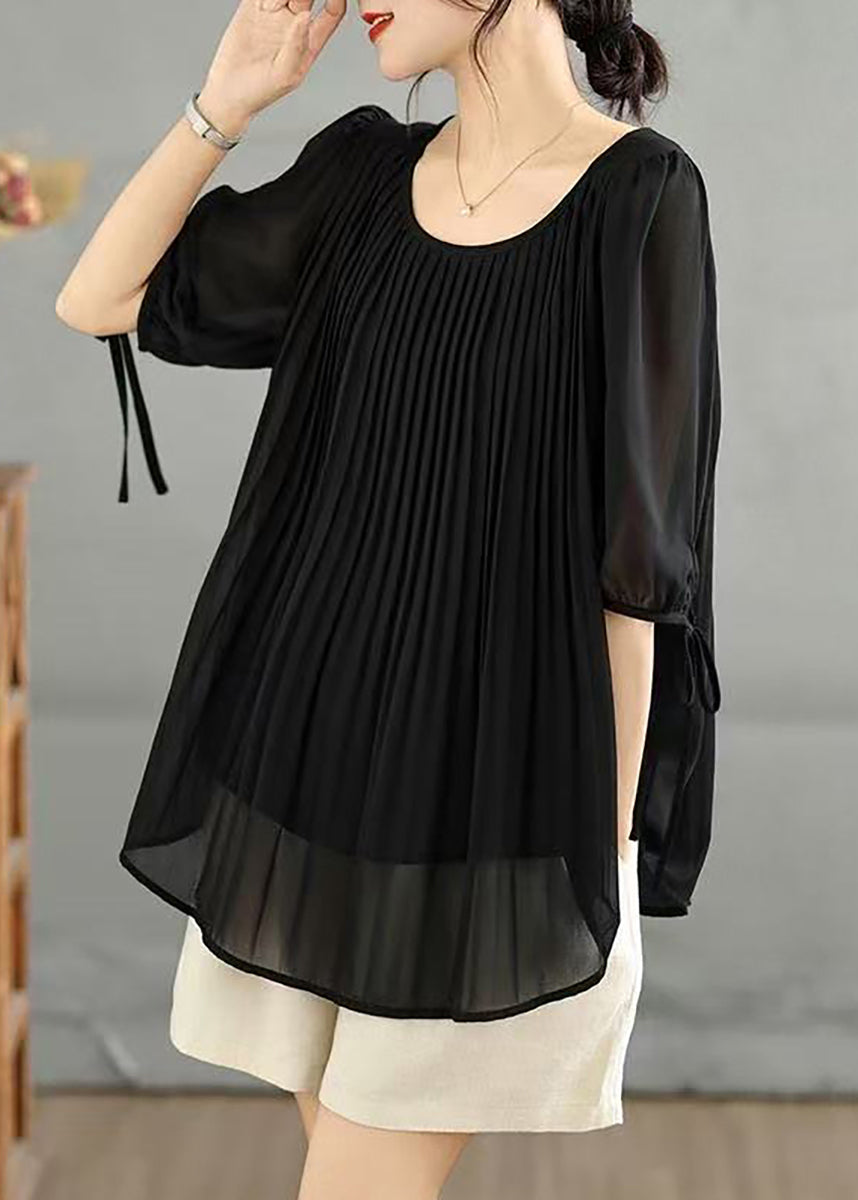 Casual Black O-Neck Pleated Shirts Summer