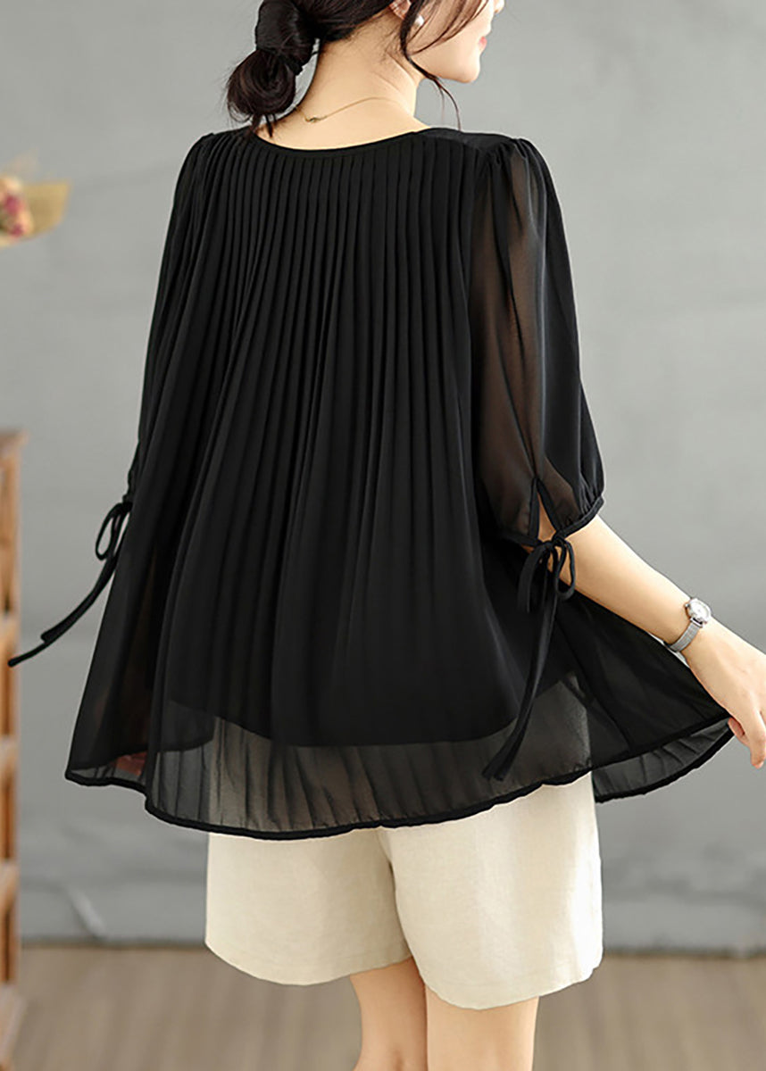 Casual Black O-Neck Pleated Shirts Summer