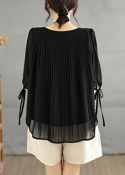 Casual Black O-Neck Pleated Shirts Summer
