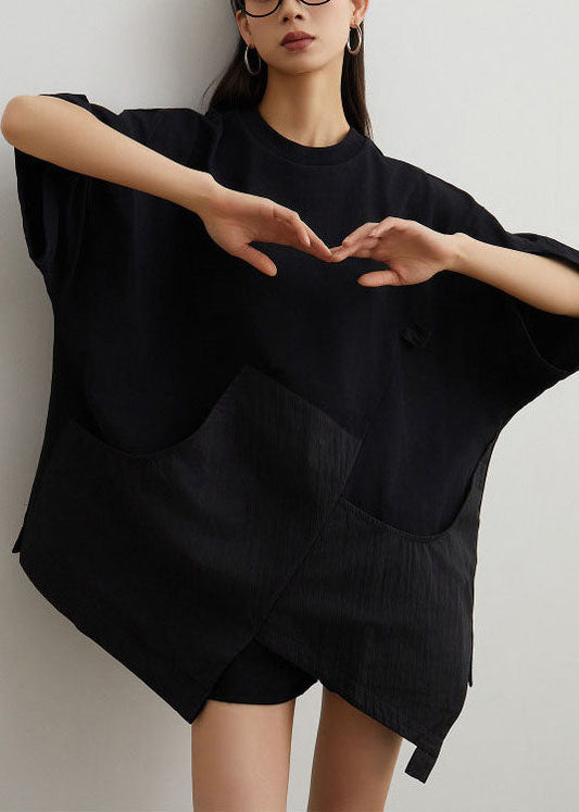 Casual Black O Neck Pockets Patchwork Cotton T Shirt Summer