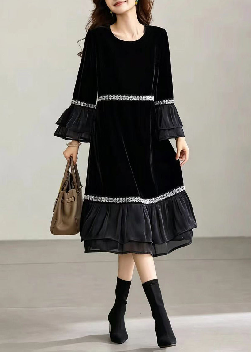 Casual Black O-Neck Sequins Ruffled Patchwork Velvet Vacation Dresses Fall