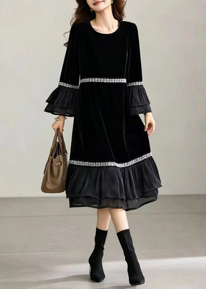 Casual Black O-Neck Sequins Ruffled Patchwork Velvet Vacation Dresses Fall