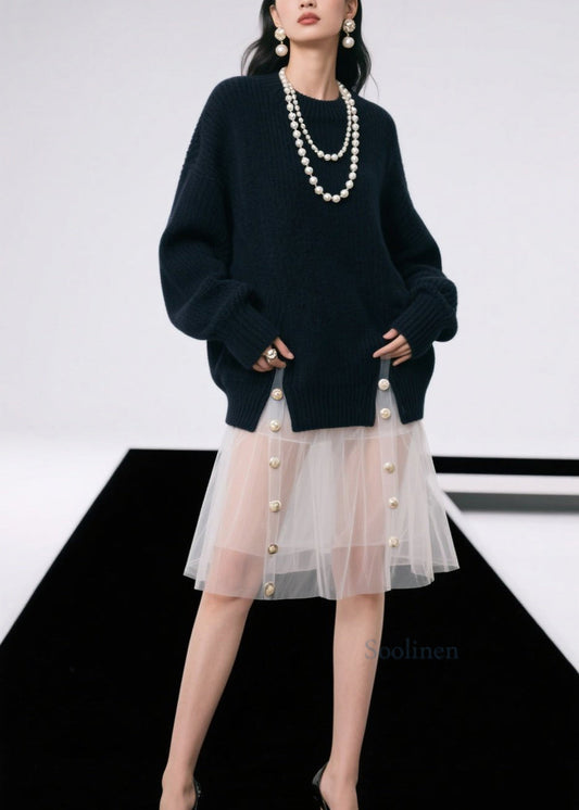 Casual Black O Neck Side Open Knit Pullover Fall