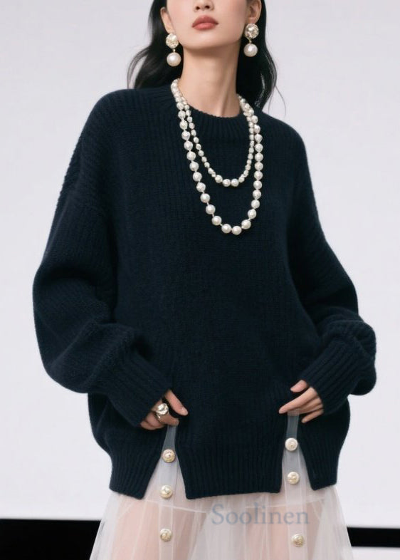 Casual Black O Neck Side Open Knit Pullover Fall
