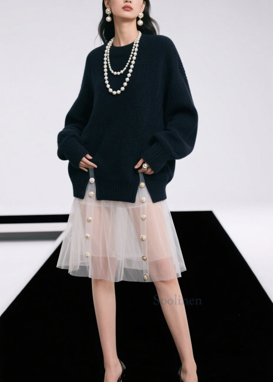 Casual Black O Neck Side Open Knit Pullover Fall