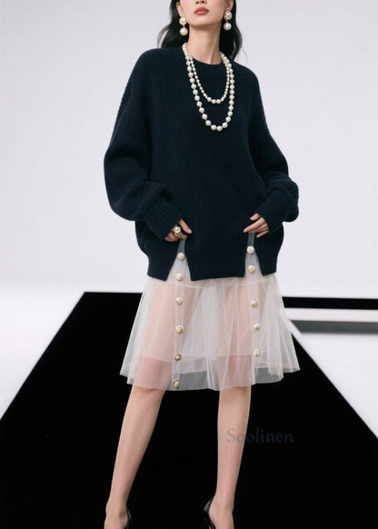 Casual Black O Neck Side Open Knit Pullover Fall