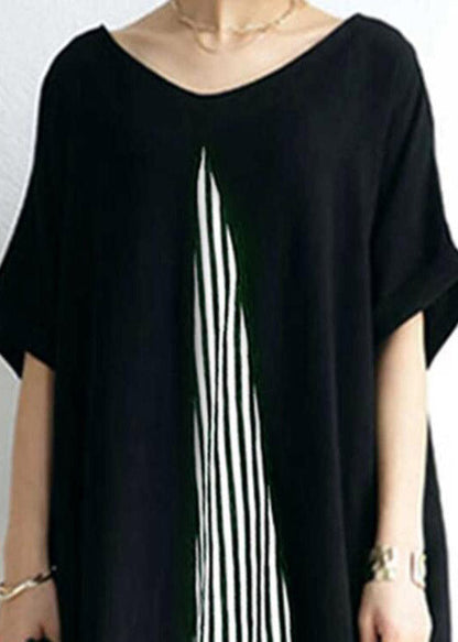 Casual Black O-Neck Striped Patchwork Cozy Maxi Dress Short Sleeve
