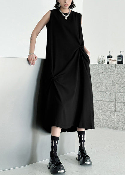 Casual Black O Neck Wrinkled Patchwork Cotton Long Dress Summer