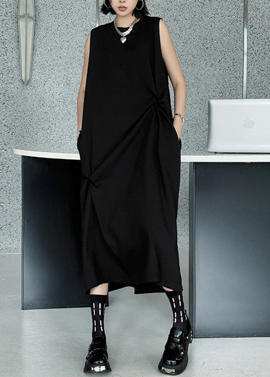 Casual Black O Neck Wrinkled Patchwork Cotton Long Dress Summer