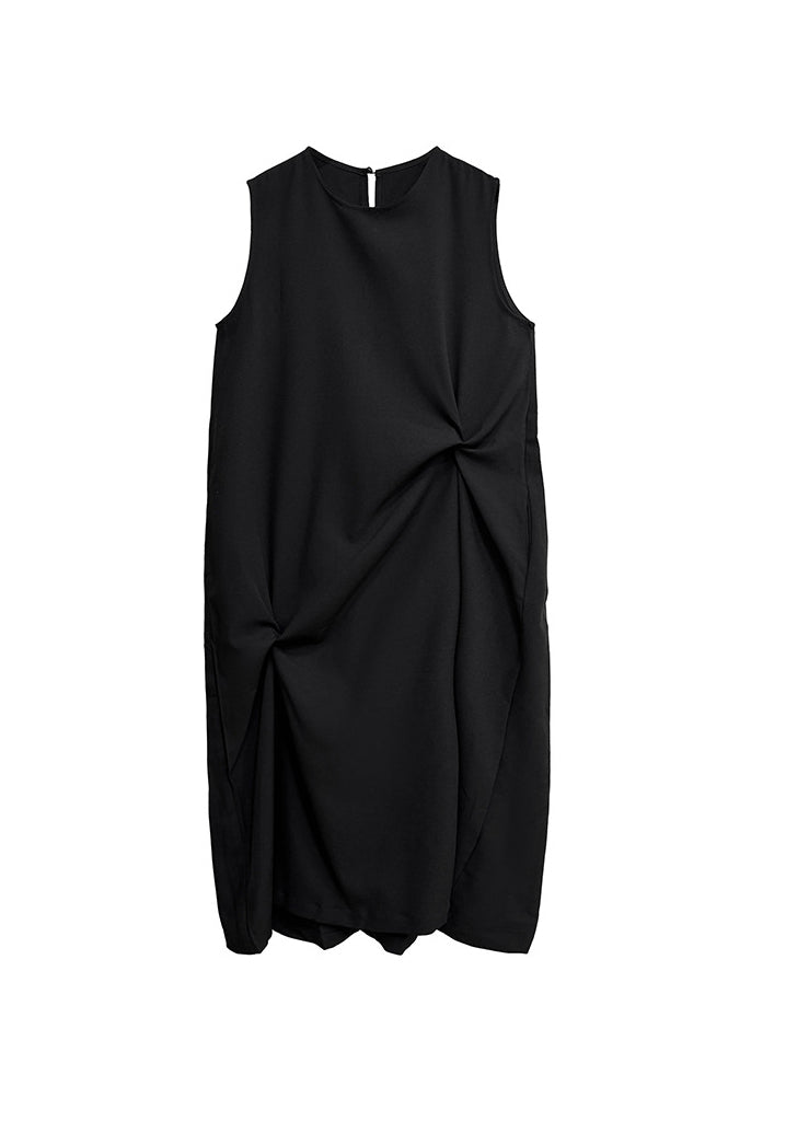 Casual Black O Neck Wrinkled Patchwork Cotton Long Dress Summer