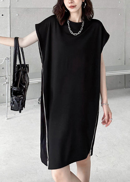 Casual Black O-Neck Zip Up Patchwork Cotton Dresses Summer