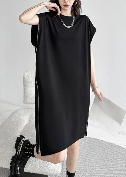 Casual Black O-Neck Zip Up Patchwork Cotton Dresses Summer