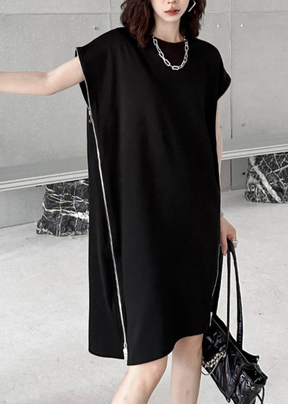 Casual Black O-Neck Zip Up Patchwork Cotton Dresses Summer