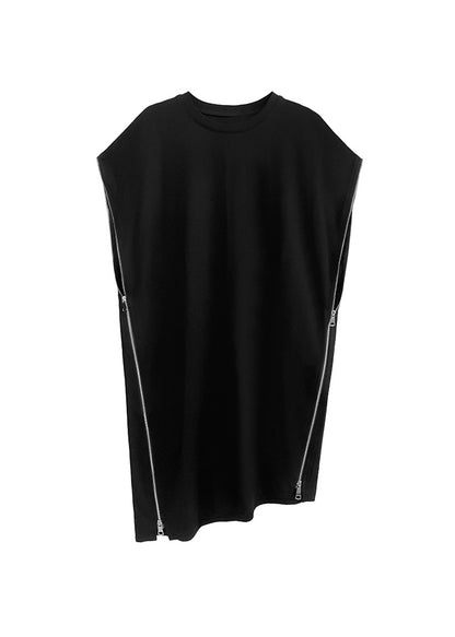 Casual Black O-Neck Zip Up Patchwork Cotton Dresses Summer