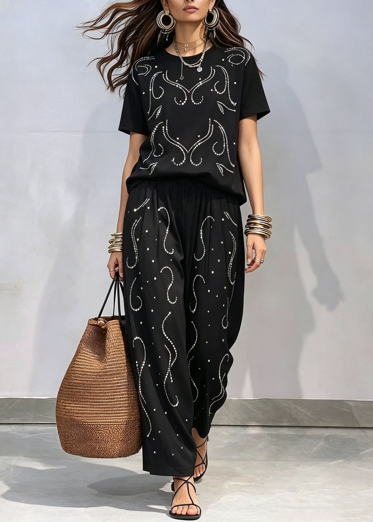 Casual Black O-Neck Zircon Top And Pants Cotton Two-Piece Set Summer