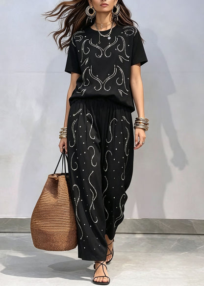 Casual Black O-Neck Zircon Top And Pants Cotton Two-Piece Set Summer