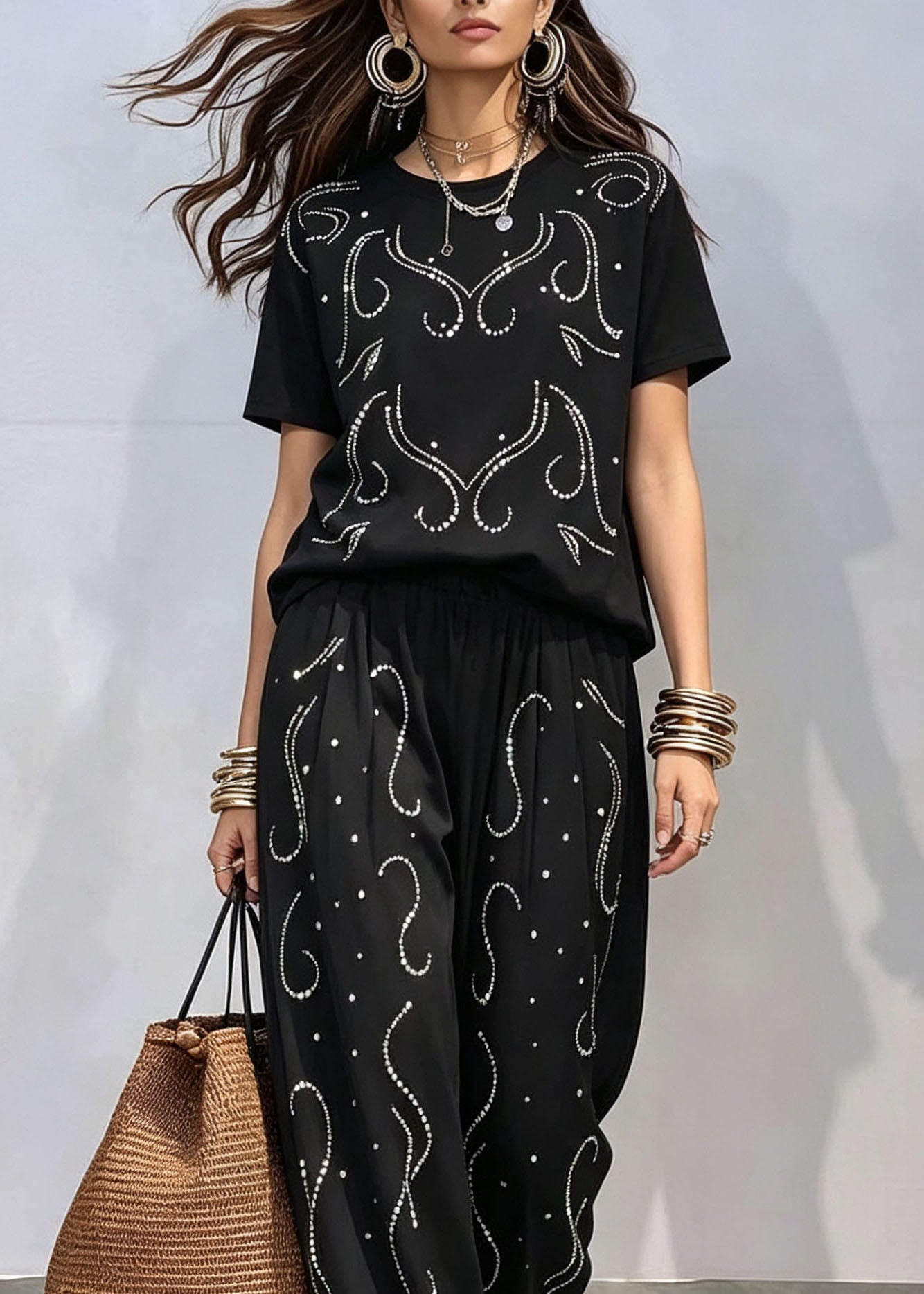 Casual Black O-Neck Zircon Top And Pants Cotton Two-Piece Set Summer