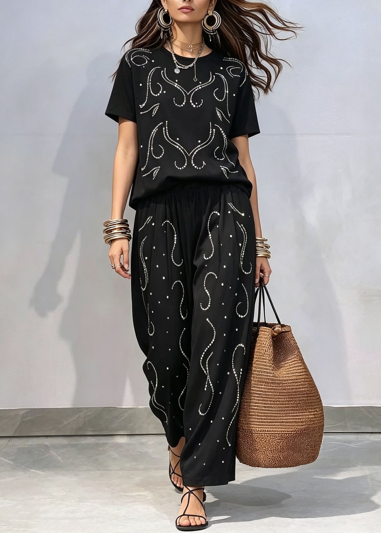 Casual Black O-Neck Zircon Top And Pants Cotton Two-Piece Set Summer