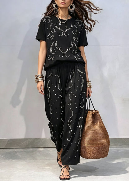 Casual Black O-Neck Zircon Top And Pants Cotton Two-Piece Set Summer