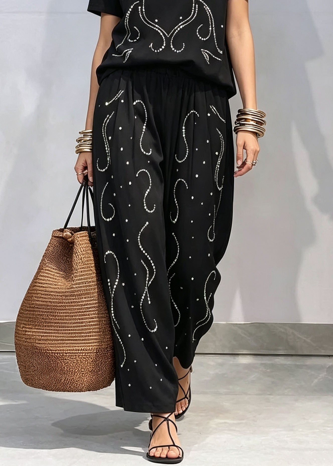Casual Black O-Neck Zircon Top And Pants Cotton Two-Piece Set Summer