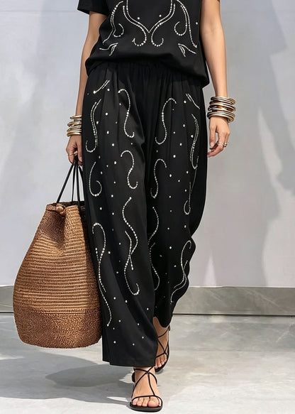 Casual Black O-Neck Zircon Top And Pants Cotton Two-Piece Set Summer